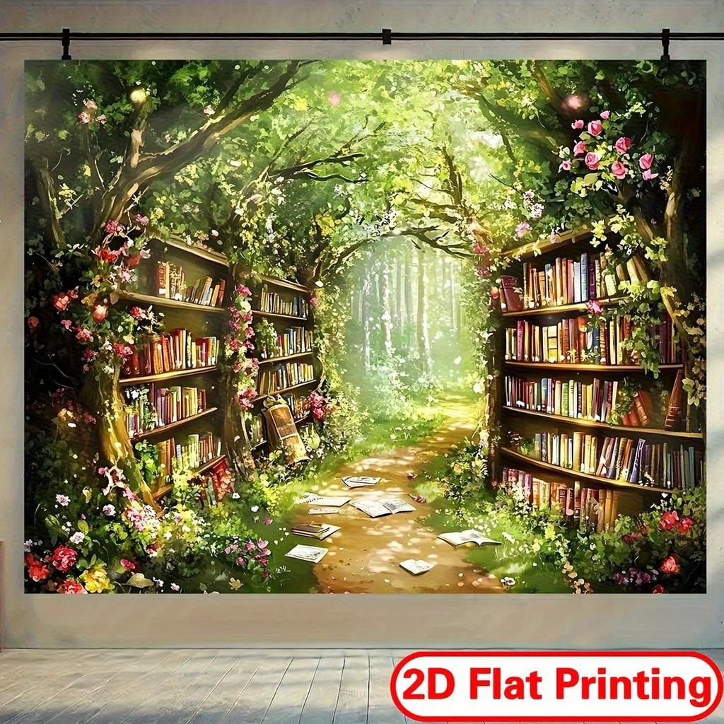 2D plane, magic forest library wall banner - unique passage and bookshelf designDJH