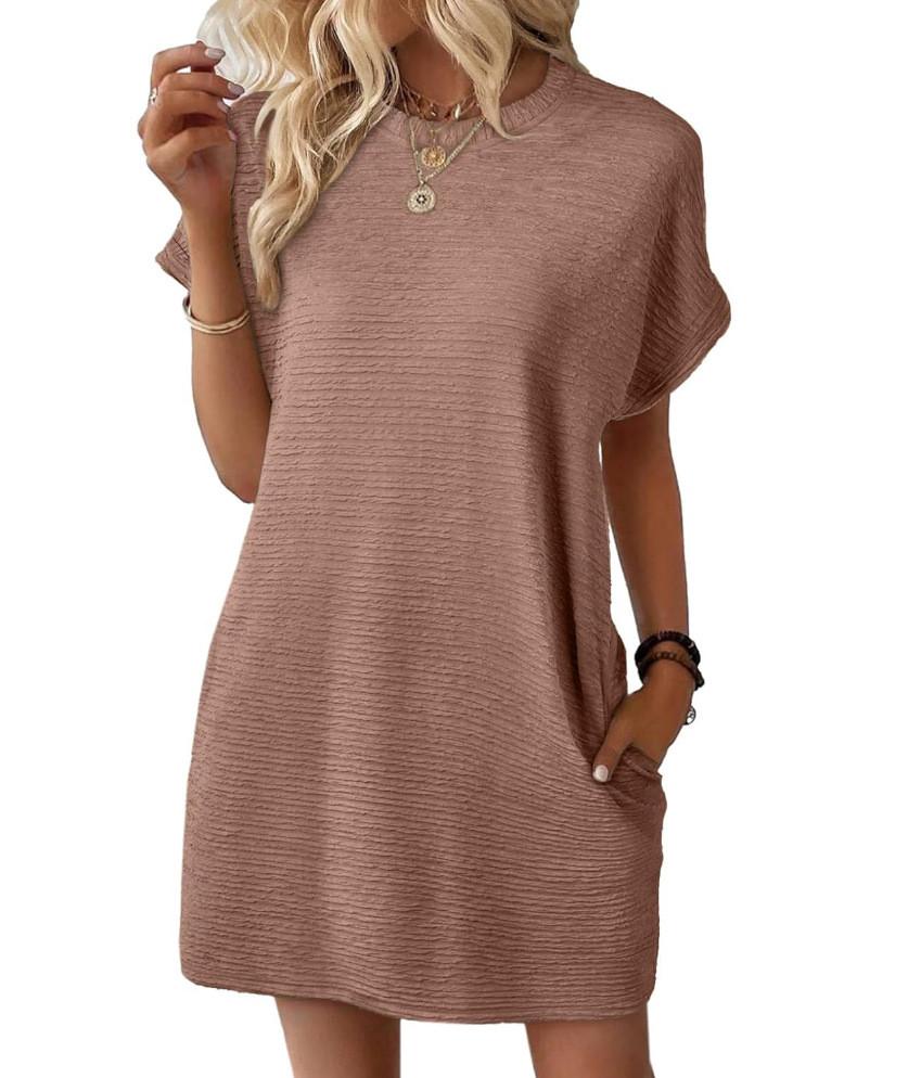 Europe Style Short Sleeve Dress With Pockets And Distressed Effect For Casual Summer Wear