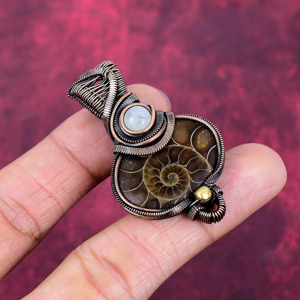 Ammonite Fossil Pendant Rainbow Moonstone Jewelry Copper Wire Wrapped Pendant