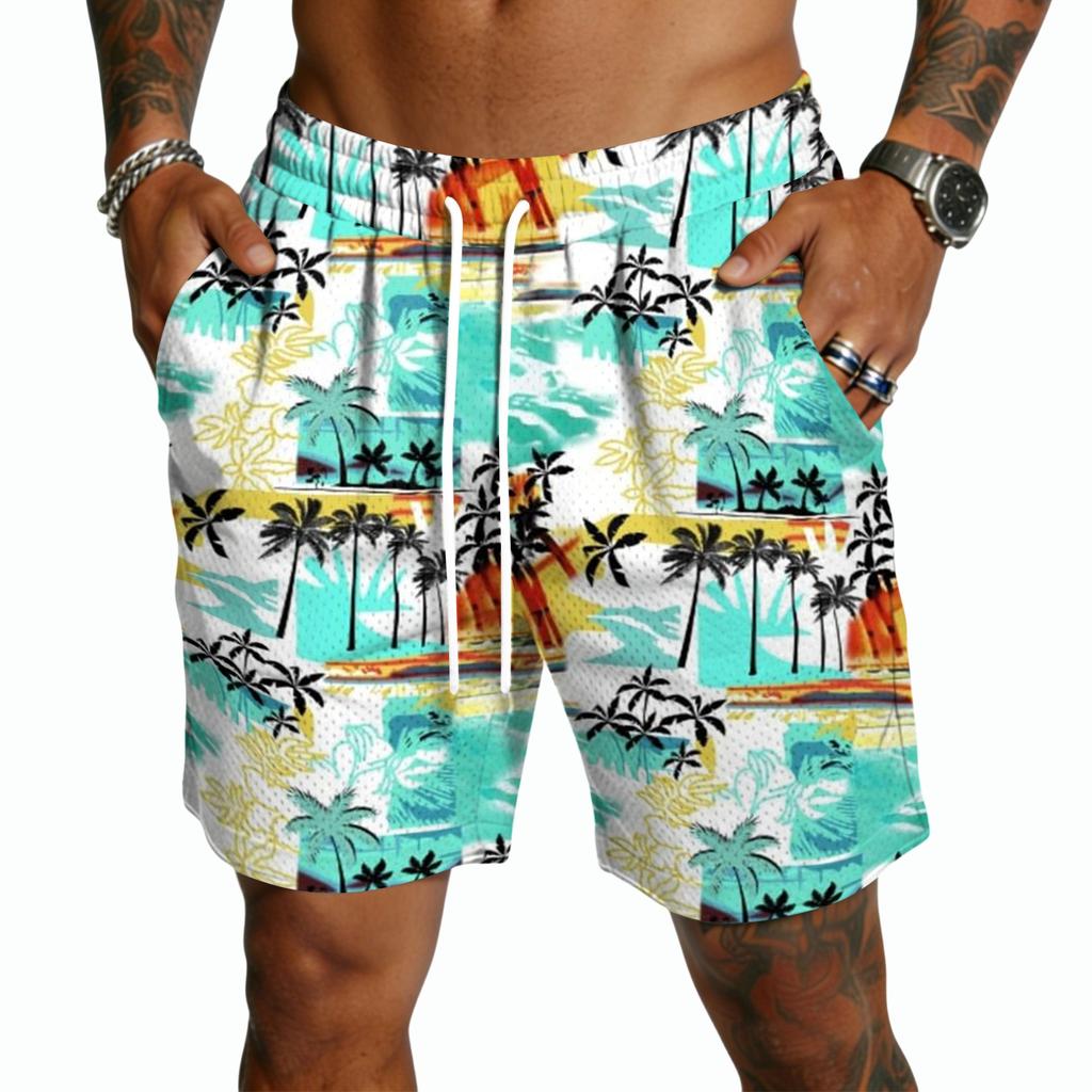 Men's Casual Drawstring Shorts Lightweight Quick Dry Five Inch Inseam Hawaiian Print Beachwear Summer Bottoms with Pockets