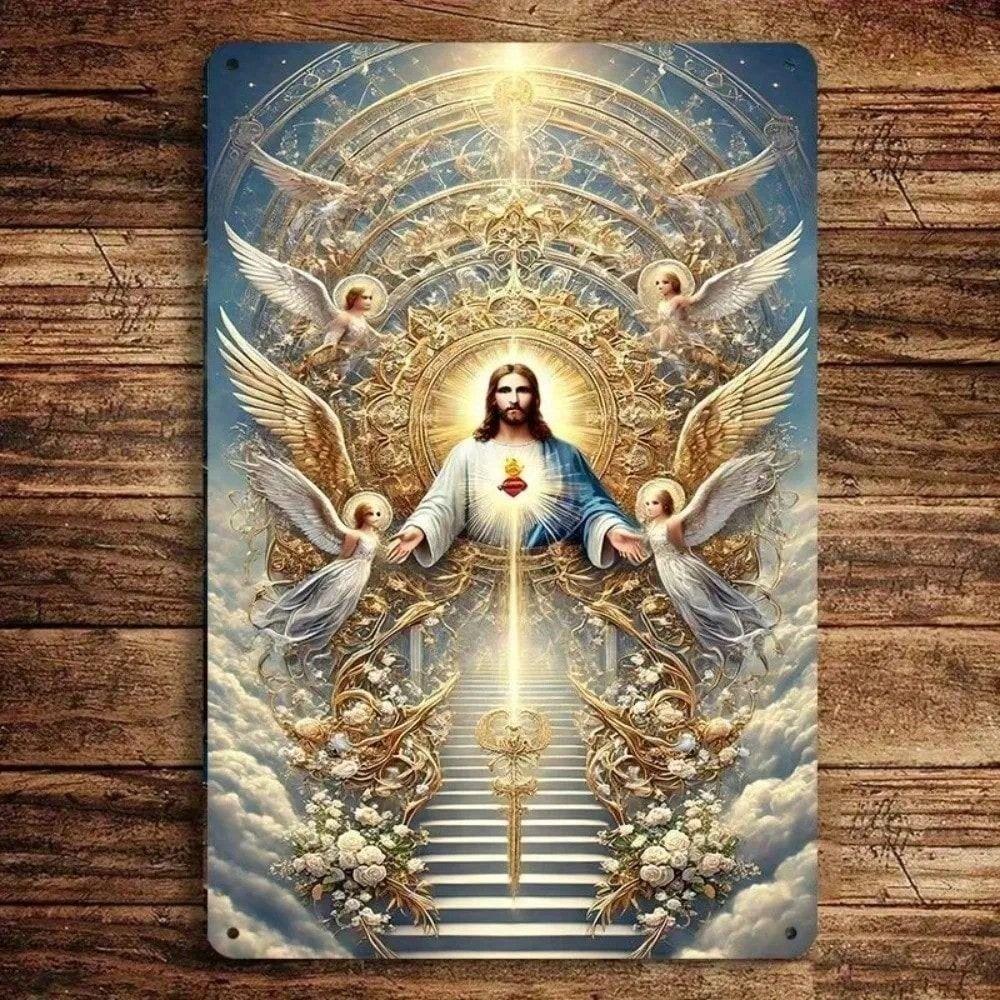 Metal Poster Wall Art Jesus Sacred Heart Angels 20x30 cm Religious Decor for Home Church