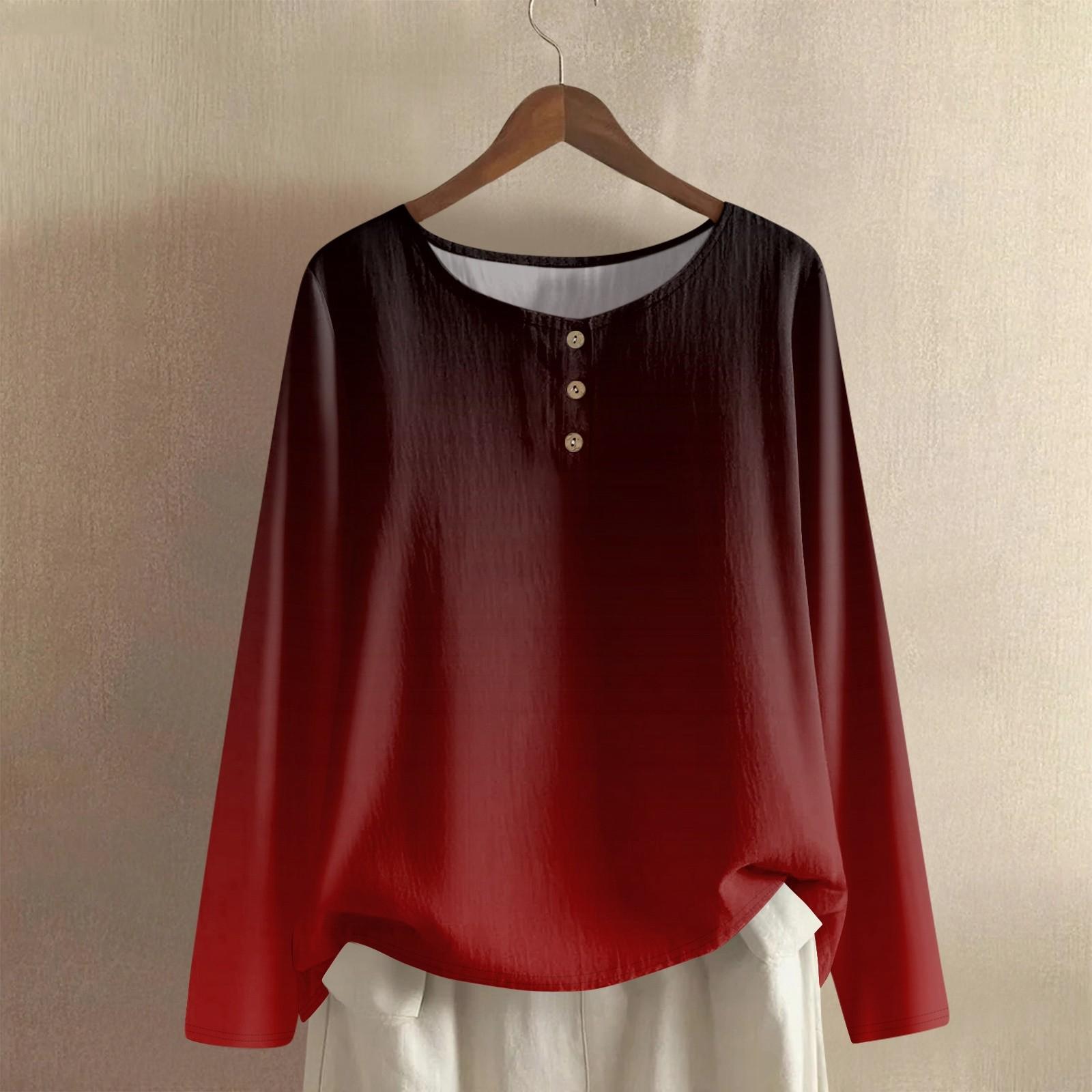 

Женская модная и повседневная рубашка с длинным рукавом, круглым вырезом, однотонная, из хлопка и льна, блузка-топ XL винный
