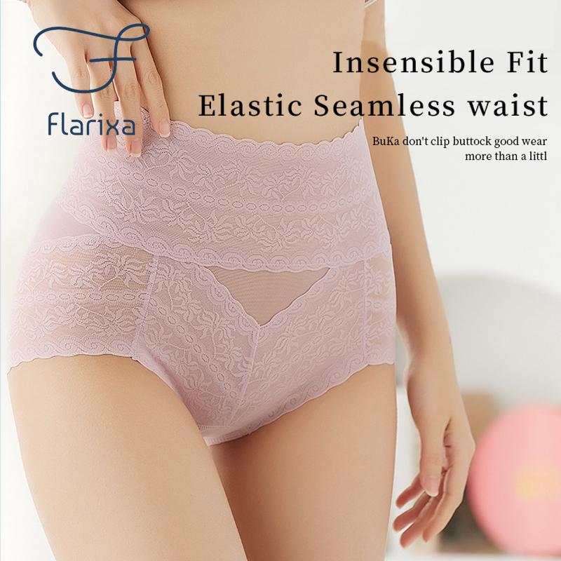 Flarixa Women Sexy Lace Panties High Waist Tummy Control Briefs Floral Perspective Uderwear Female Hollow Transparent Underpant