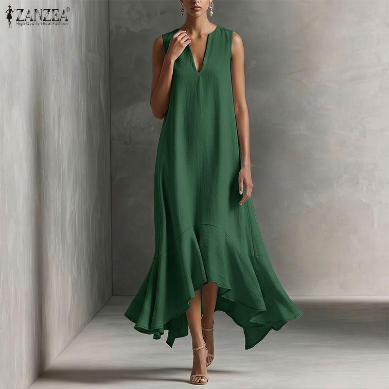 ZANZEA Women Elegant Casual V-Neck Solid Color Loose Sleeveless Dress