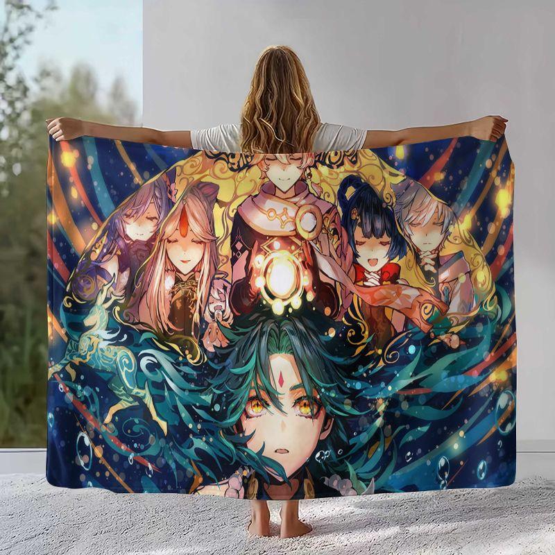 Classic Game Genshin Impact Cartoon Flannel Blanket,Ultra Soft Warm Plush Throw for Home Bedroom Bed Sofa Cover Office Camping