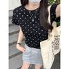 Polka Dot Short-sleeved T-shirt for Women's Summer New Design Slim Round Neck Straight Shoulder Slim Short Top