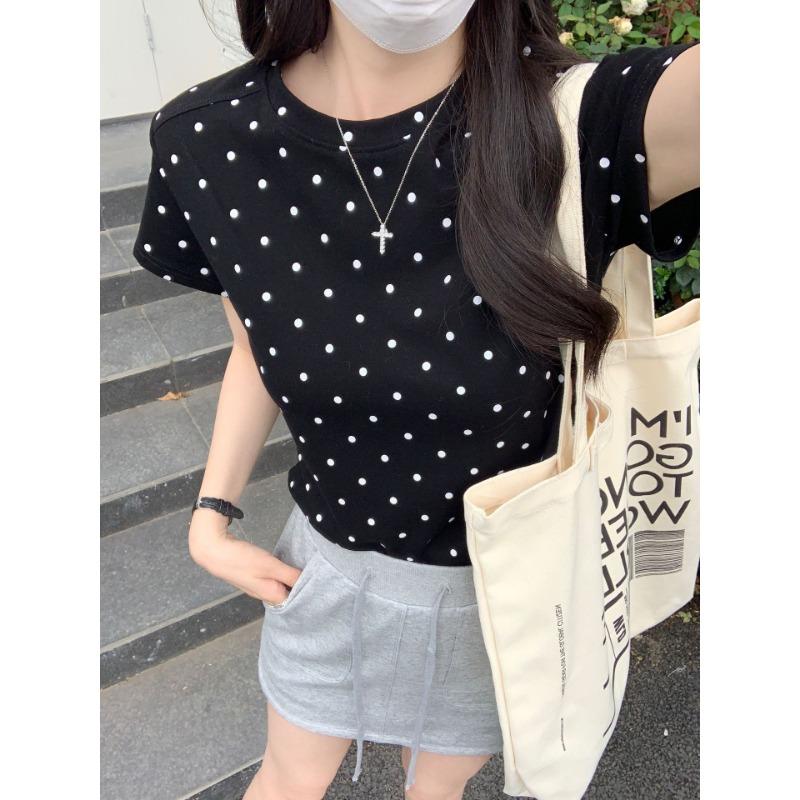 Polka Dot Short-sleeved T-shirt for Women's Summer New Design Slim Round Neck Straight Shoulder Slim Short Top