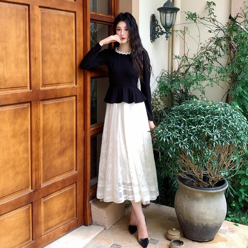 Retro Slimming Velvet Spliced Tulle One Piece Dress for Women Fashion Beaded O-neck Long Sleeves Temperament Dress Female