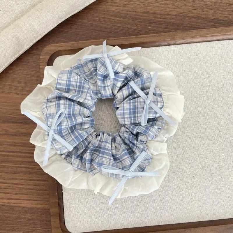 Blueberry Tone Plaid Lace Bow Hair Ring Girl Fashion Versatile Scrunchie Hair Accessories Hair Tie