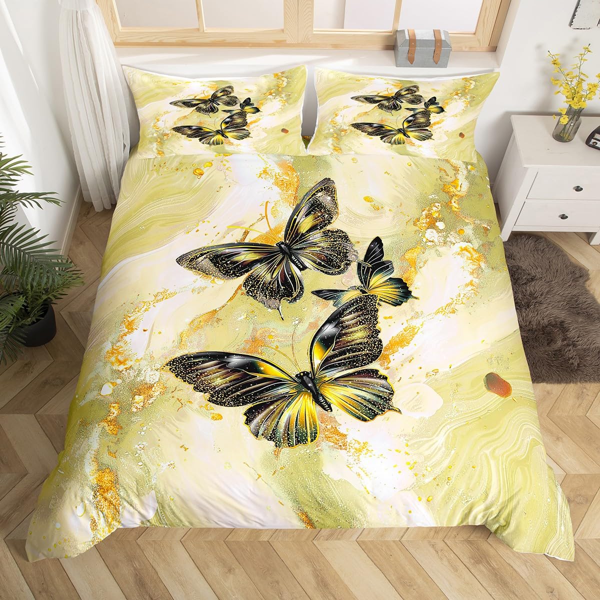 

Gradient Rainbow Marble Duvet Cover Dreamy Butterfly Bedding Set Full,Gold Marbling Comforter Cover Abstract Ombre Ink Fluid Art EU Single(135x200cm)