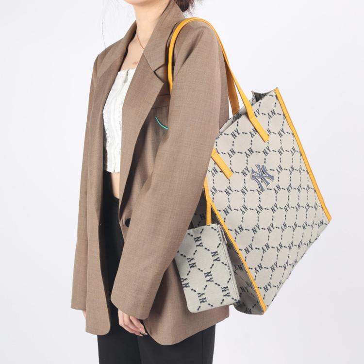 New MLB Monogram Collection Polyester Tote Bag, Shopping Bag, Combo Bag, Shoulder Bag, Handbag Regular Unisex Yellow Brown 3AORM012N-50BGS