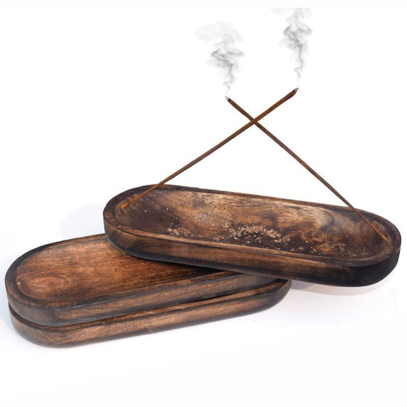 Natural Wood Incense Holder and Ash Catcher (11 X 4 Inch, Set of- 3, Oval)