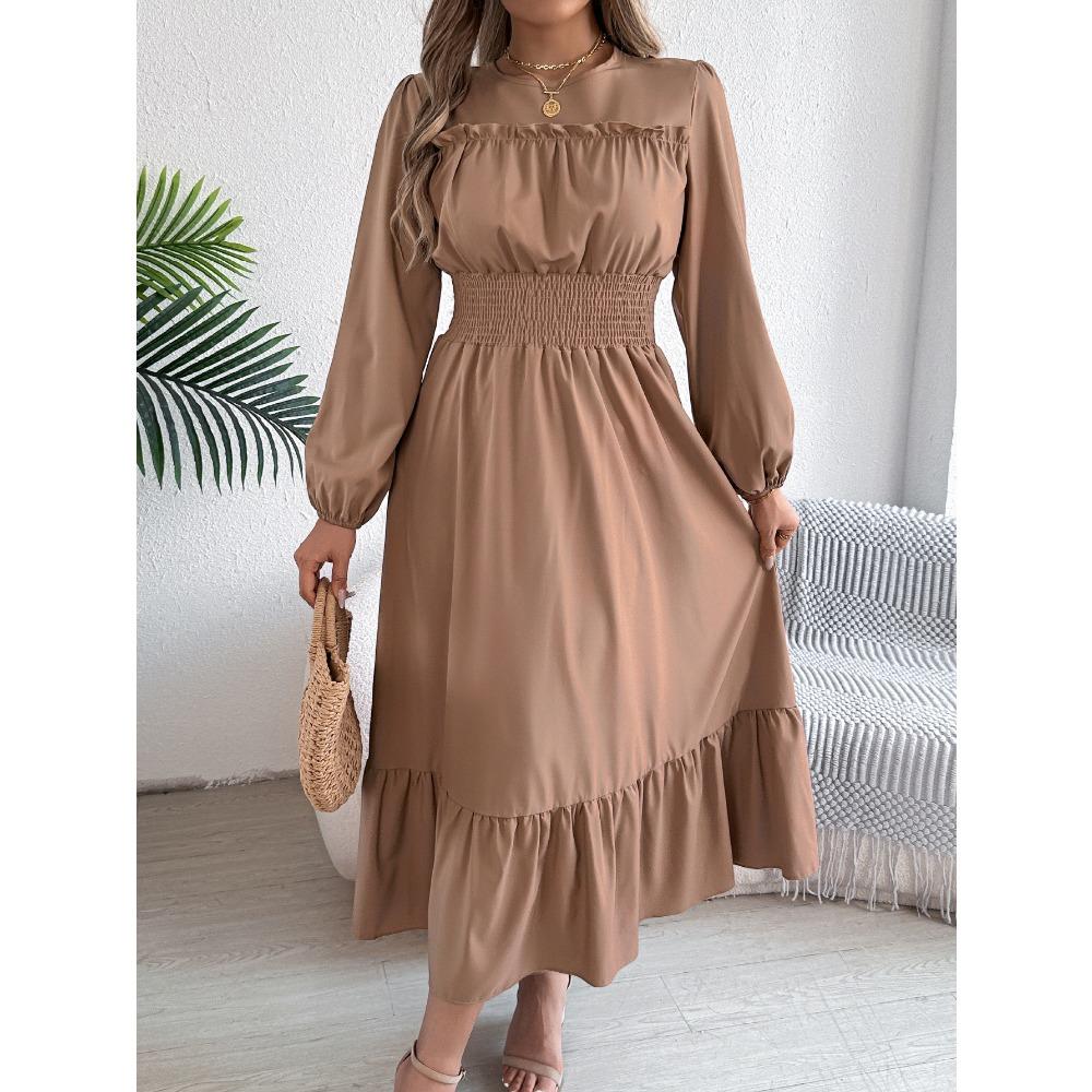 Elegant Solid-color, Black Ear-trimmed, Waist-cinched Pleated Long Dress for Women In Autumn and Winter