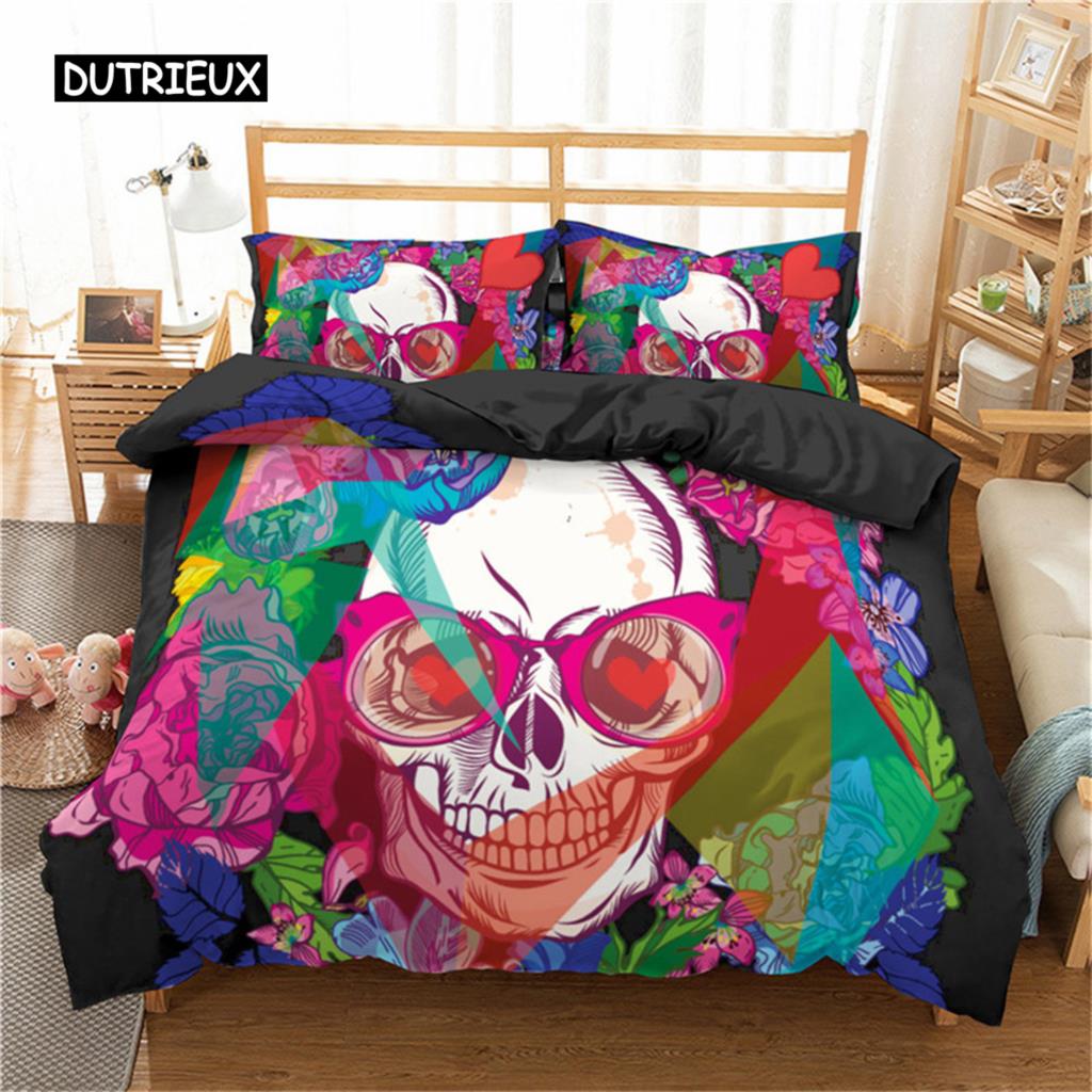 Sugar Skull King Queen Duvet Cover Cartoon Skeleton Blue Car Bedding Set for Teens Adults Halloween Day of The Dead Quilt Cover
