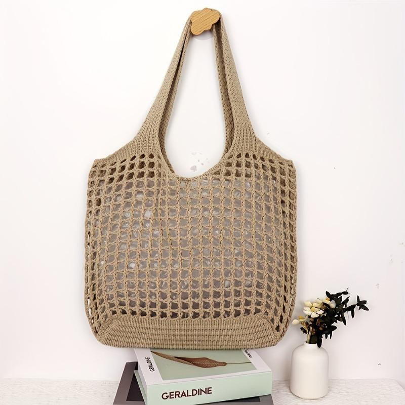 1pc Women'S Crochet Tote , Large Capacity Hollow Woven Shopping with Fixed Shoulder Strap,Ideal for Travel, Bags for Women