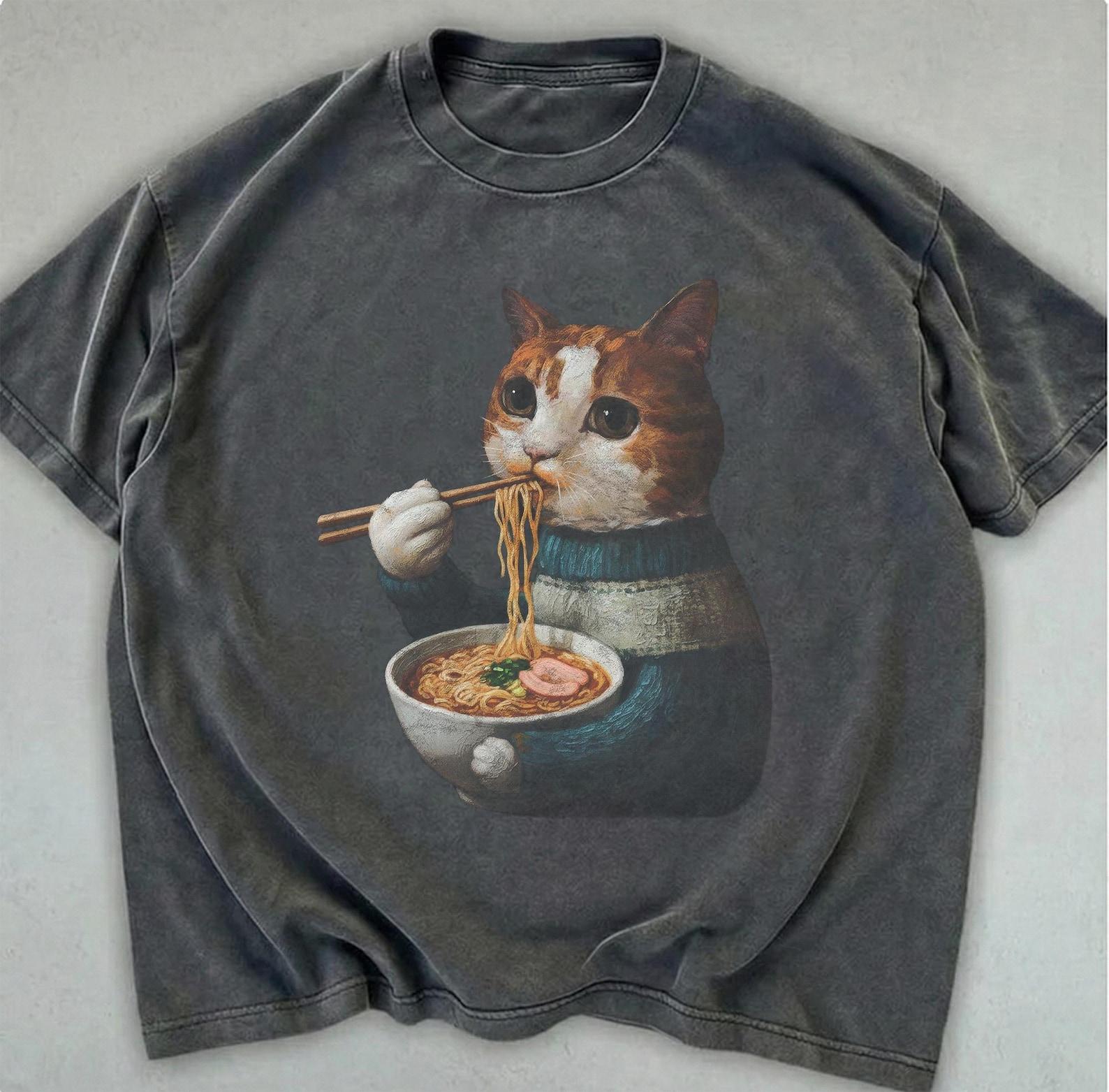 Retro Noodle Cat T-Shirt, Ramen Cat Lover Foodie Gift, Funny Meme Shirt 3XL