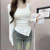 Korean Style Asymmetric Slit Long Sleeve U-Neck Slimming Women's Top - Spring/Summer Fashion