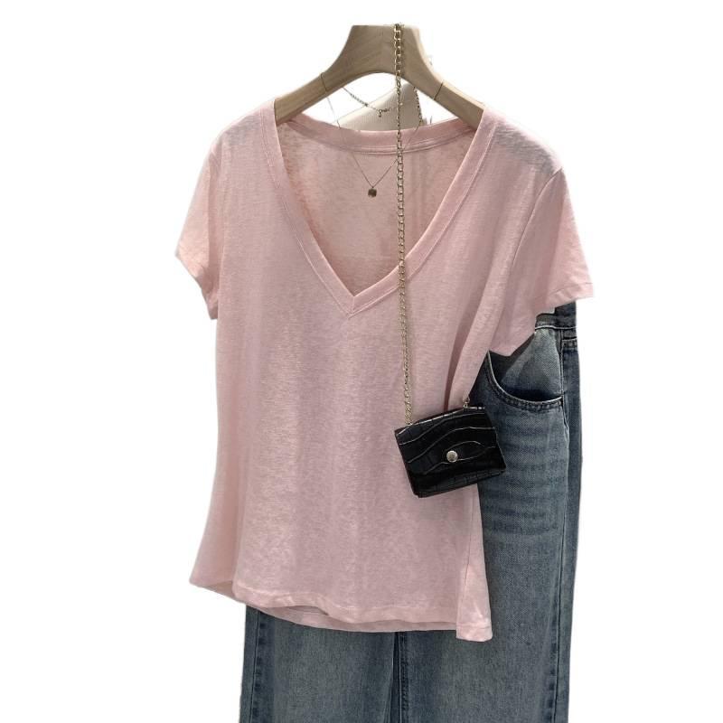 Korean Style High-End Women's V-Neck Short Sleeve T-Shirt - Summer 2026 Bestseller