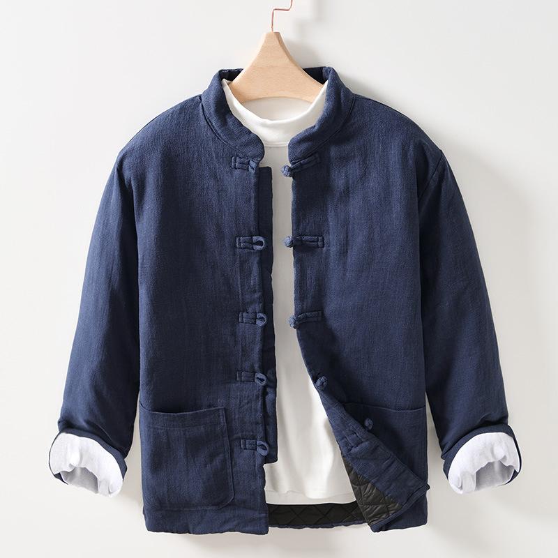 Мужская теплая стеганая куртка в стиле ретро в китайском стиле Harajuku, свободная однотонная универсальная хлопковая льняная верхняя одежда с узлом на пуговицах, мужская куртка XXL синий