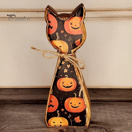 Rustic Wooden Cat Ornaments Ornament, Vintage Halloween/Flower Wood Tabletop Signs, Festive Party Table Centerpieces Distressed Animal Figurines