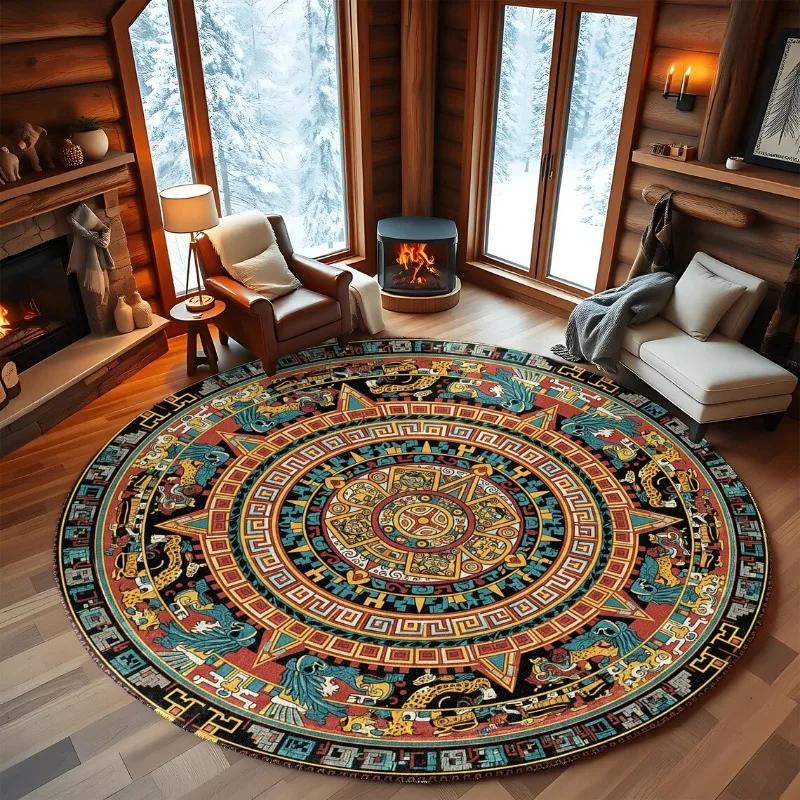 Vintage Christmas Style Print Round Mat Stain Resistant Non-Slip Carpet for Retro Dining Room Area Rug Christmas Home Decorate