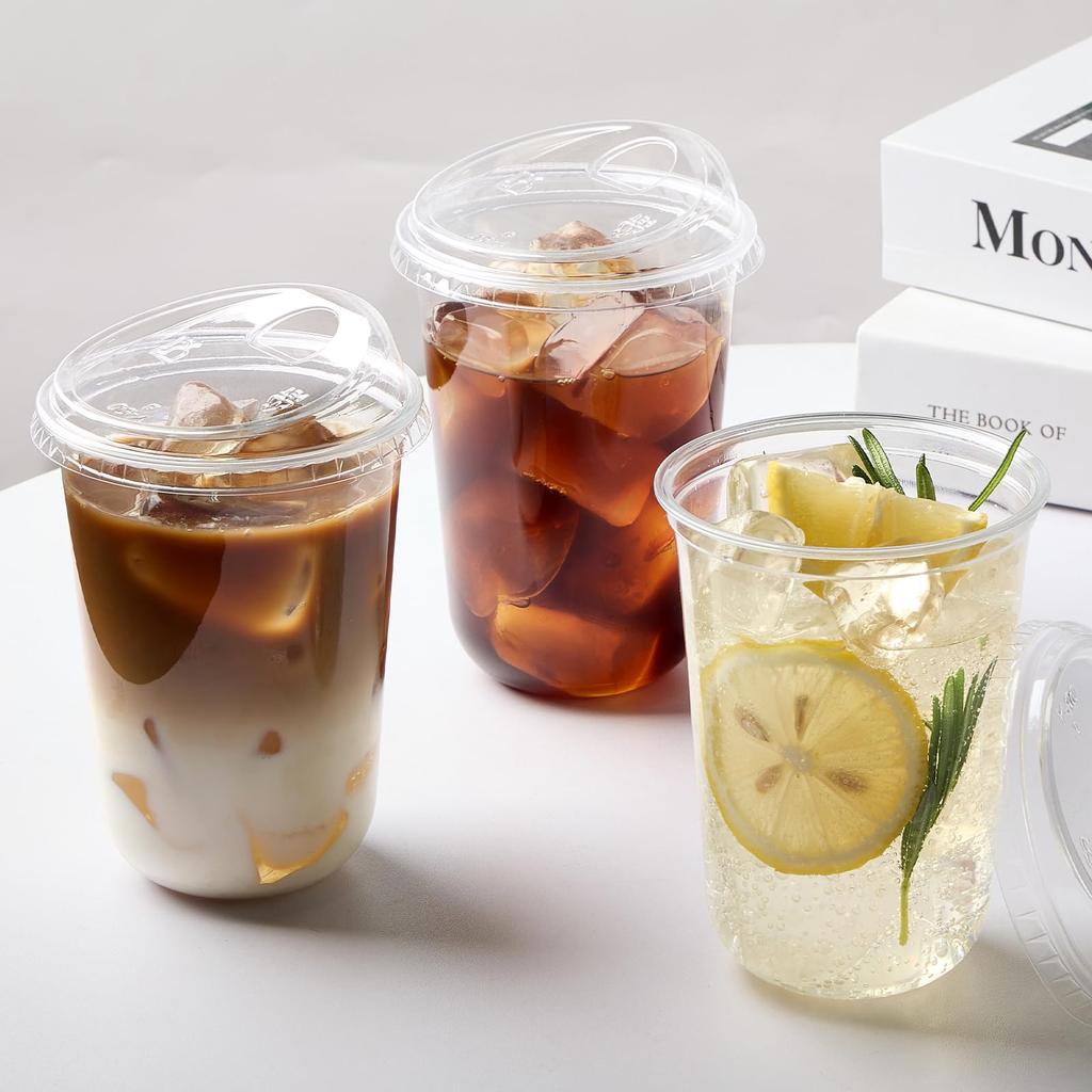 16 Oz Clear Plastic Cups with Strawless Sip Lids - 50 Pack Disposable PET Iced Coffee Cups Sturdy Round Bottom To-Go Drink Cups for Smoothies Juices