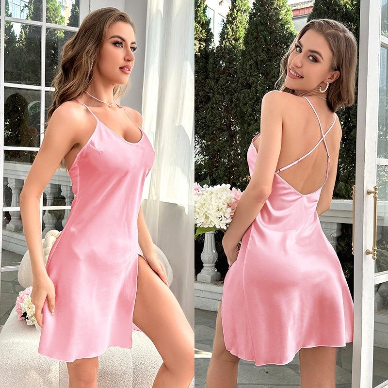 Women's Ice Silk Pajamas Summer Home Wear Backless Sexy Short Halter Nightgowns