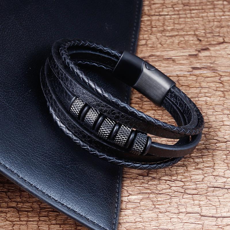 Luxury Stainless Steel Beaded Bracelet Fashion Men's Jewelry Classic Multilayer Braided Leather Bracelet Homme New Year Men Gift