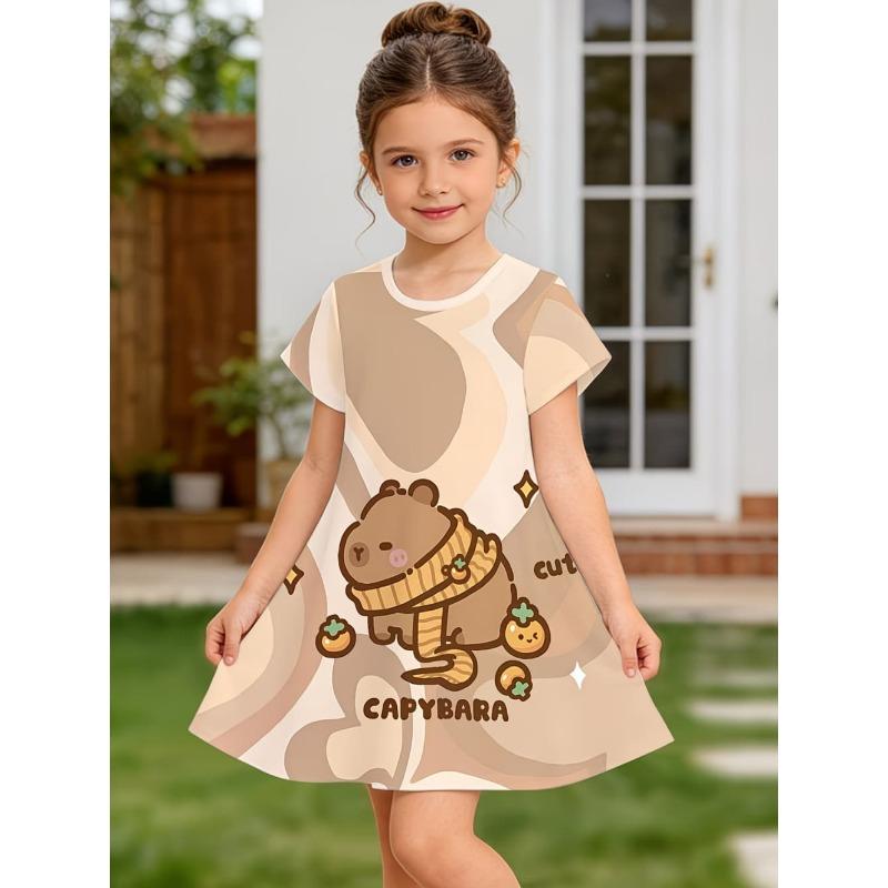 Girl Clothes Cartoon Capybara Print Girls Short Sleeve Princess Dresses Summer Kids Clothes Party Birthday S