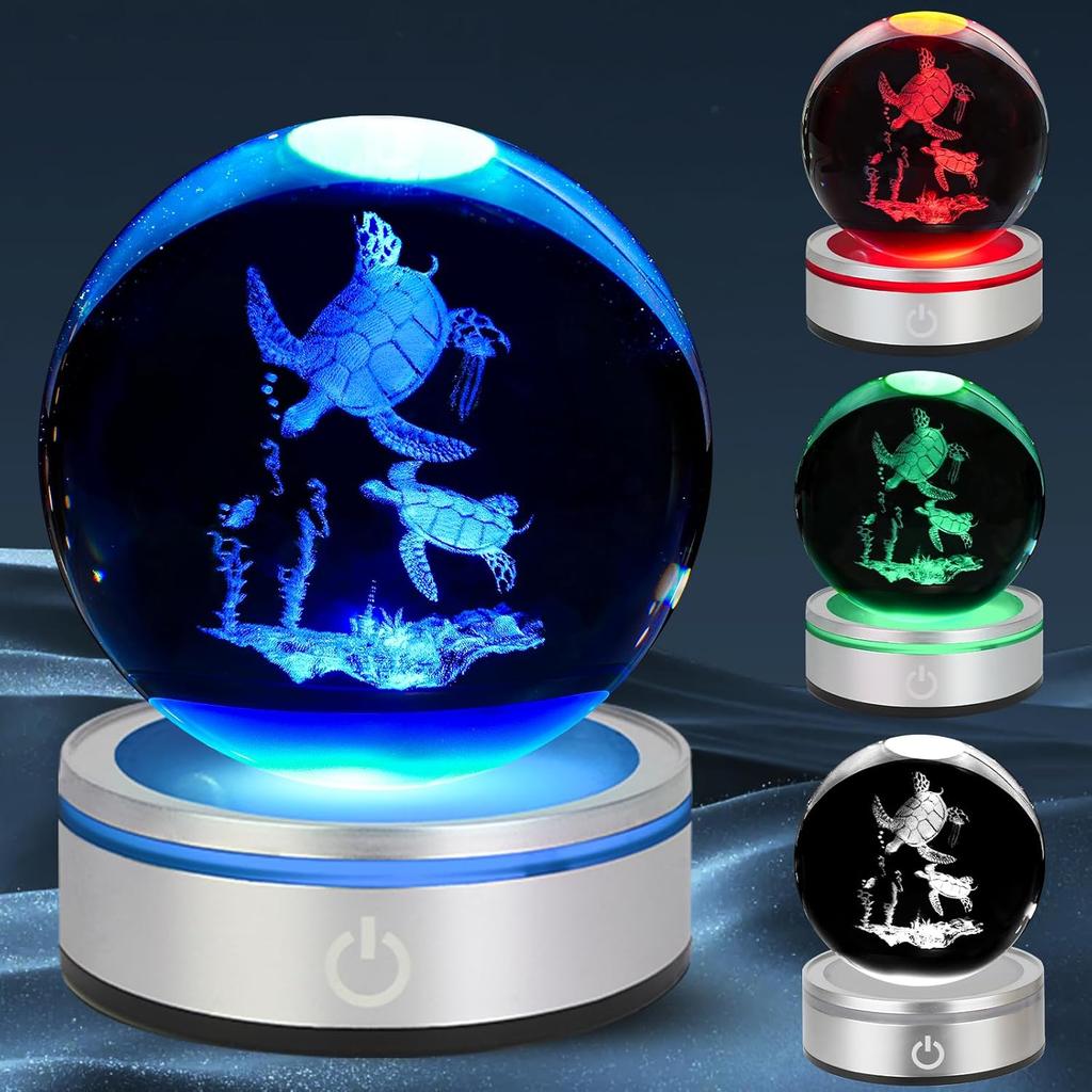 3D Sea Turtle Crystal Ball Night Light with LED Colorful Lighting Touch Base Glass Sphere Lamp for Birthday Turtle Figurine Christmas Ornaments