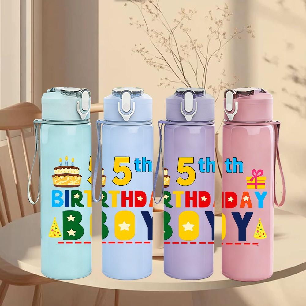 1PC 5th Birthday Boy Party Text Print 750ml Color Plastic Sports Water Bottle Leakproof Flip Straw Lid Suitable for Sports Office Home Use