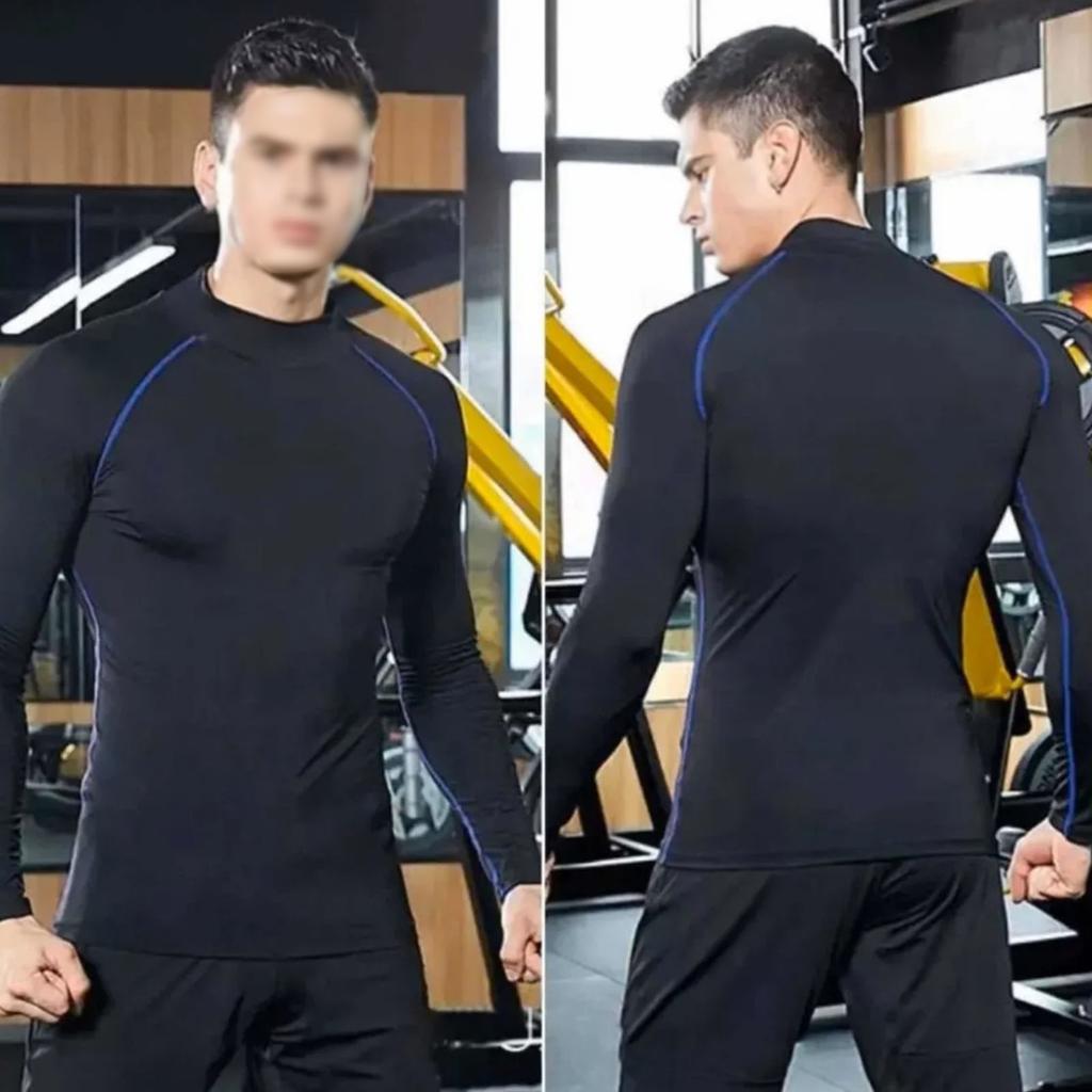 Men's High Elastic Compression Shirts Long Sleeves Sports Top for Athletic Workout Shirt Black and Blue Lines M