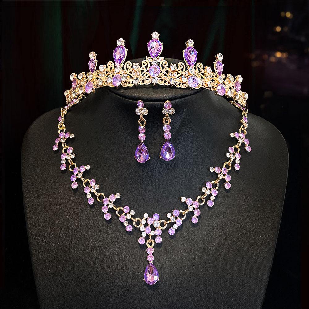 Wedding Accessories Crown Necklace Earring Set High End Look Dance Party Decoration Bride's Jewelry Three Piece Set