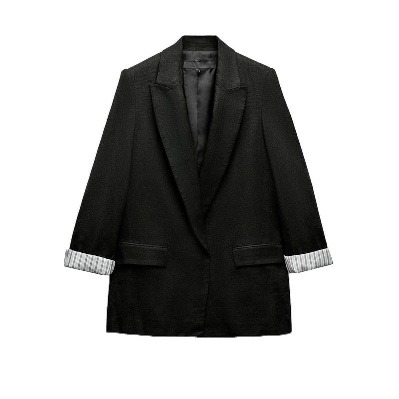 

Весна Новые Европейские и Американские Повседневные Универсальные Блейзеры с Лацканами и Подплечниками, Смесь Льна, Рукава с Подворотом 2753530 Black M