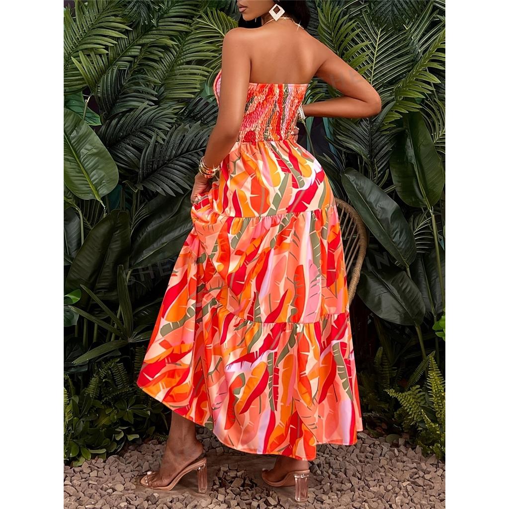 Women's sexy dress strapless elastic waist printed long dress