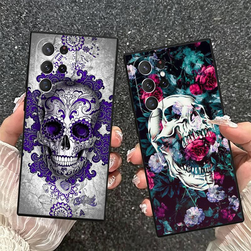 Floral Skull Flower Skeleton Soft Phone Case for Samsung Galaxy S26 S25 Edge S24 Ultra S23 Plus S22 S21 FE S20 Black Cover Back