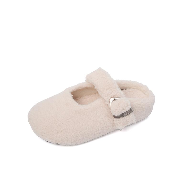 Fashion Rose Red Round Toe Lambswool Ballet Flats Woman Warm Teddy Fur Mary Jane Shoes Ladies Brand Design Winter Fluffy Mule Slippers