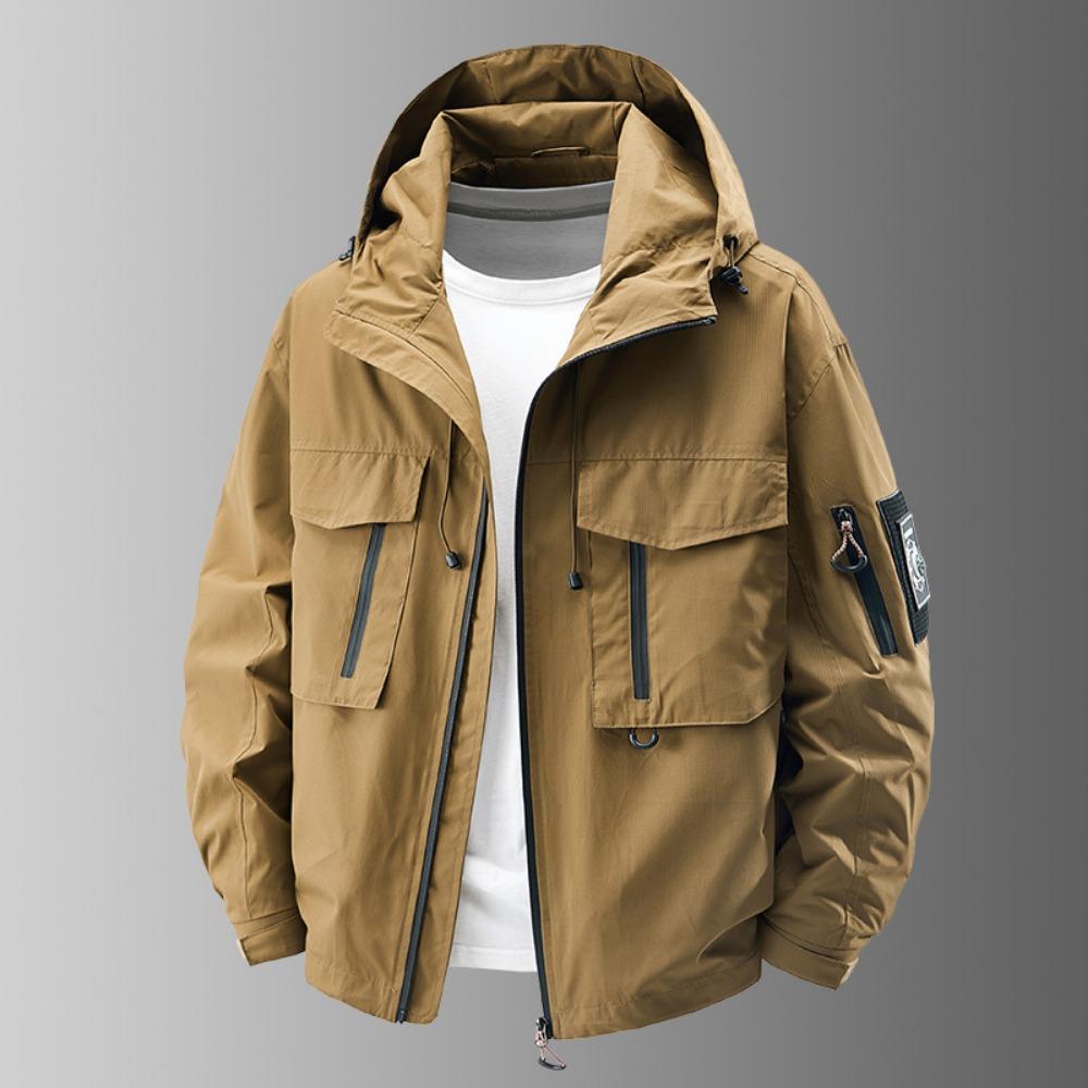 

Men Contrast Color Hiking Coat Removable Velcro Jacket Multi-Pocket Zipper Coats Outdoor Fishing Camping Breathable Hooded Coat M хаки