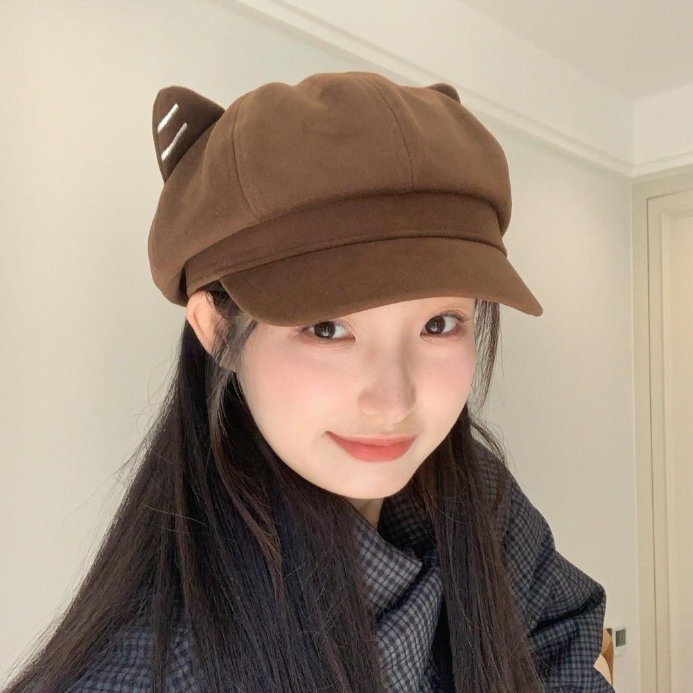 Woolen Cat Ear Hat Solid Color Octagonal Cap Newsboy Hat British Beret Hat  Artist