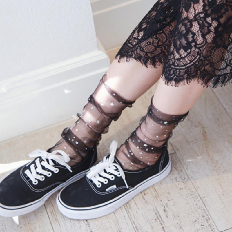 Women Lace Mid Calf Socks Star Moon Mesh Sheer Thin Summer Spring See Through Socks Free Size чёрный