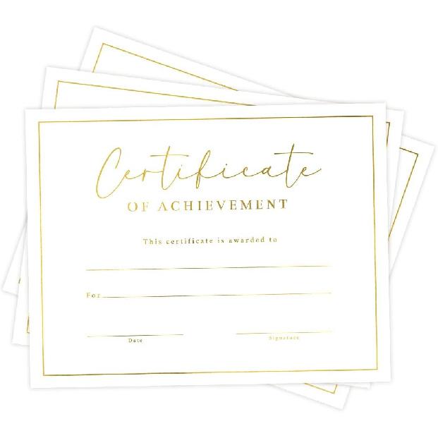 Certificate of Achievement Awards, 25 Blank Certificates of Achievement with Gold Foil Design, 8.5x11 , Award Certificates for Students, Recognition,