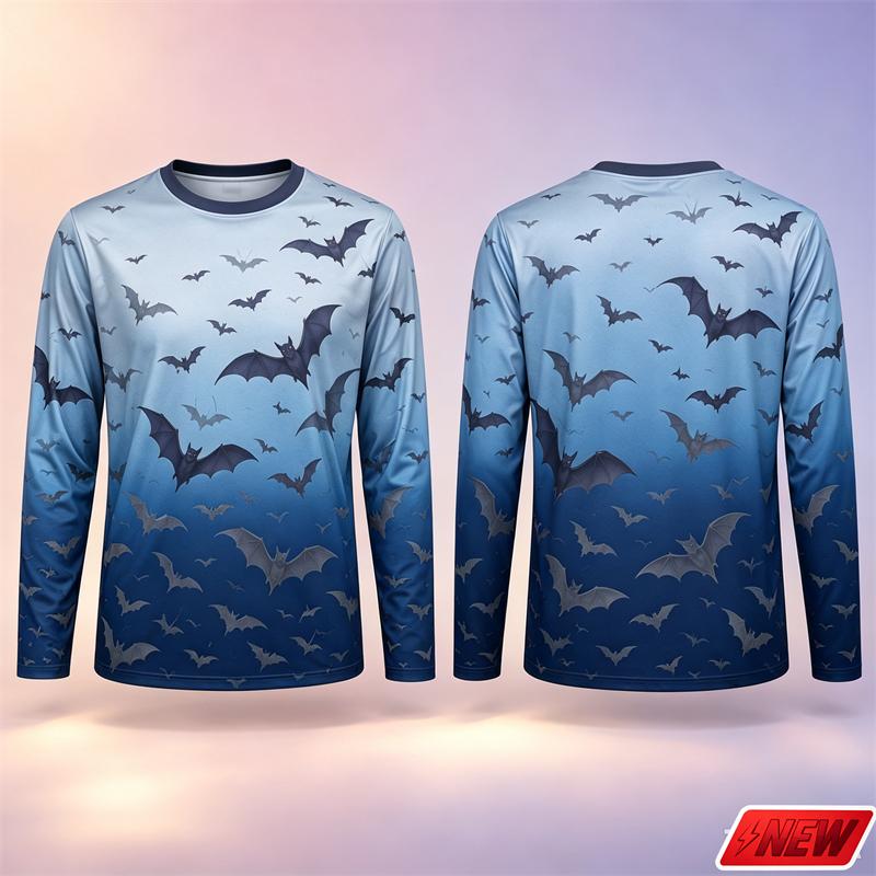 Gothic Bat Pattern Long Sleeve T Shirt Men Halloween 3D Print Gradient Horror Sky Flying Bat Tee Casual Quick Dry New Top Unisex