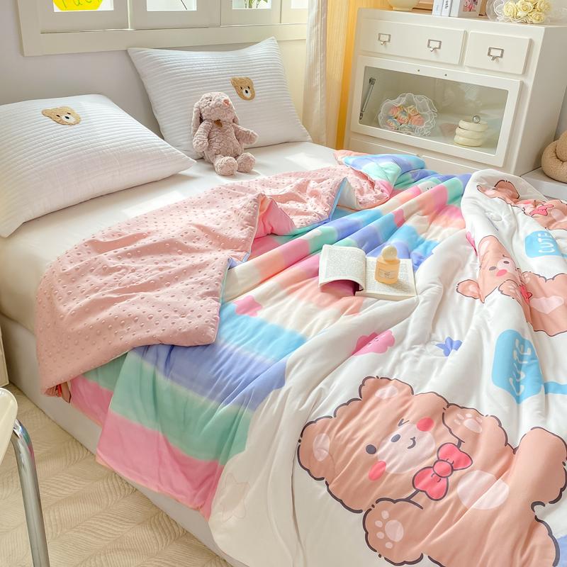 Cartoon Rainbow Bear Summer Quilt 100% Cotton Air Conditioning Thin Quilt for Kids Teens Multi-functional Nap Quilted Quilt