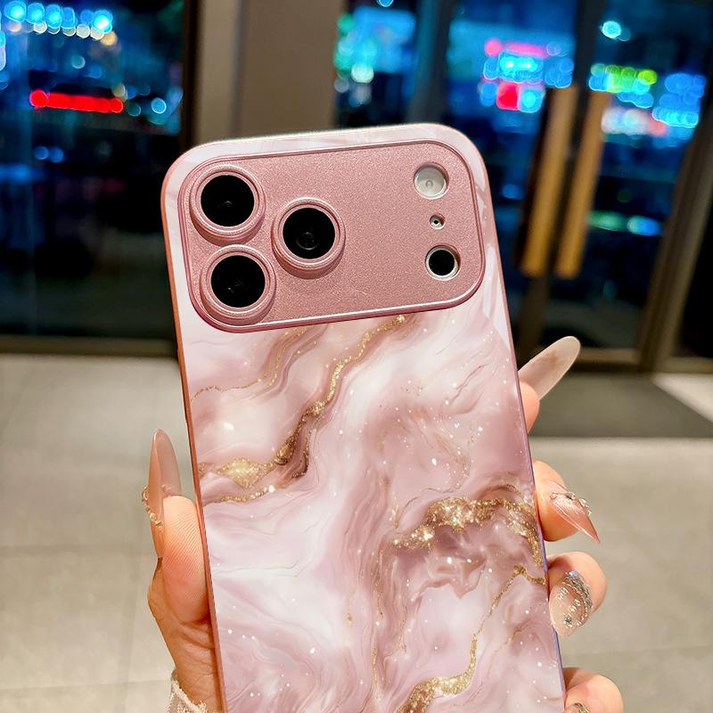 Liquid Marble Glitter Pink Metallic Glass Phone Case For iPhone 11 12 13 14 15 16 17 Pro Max Plus 17Air 16E 7 8 XsMax Back Cover