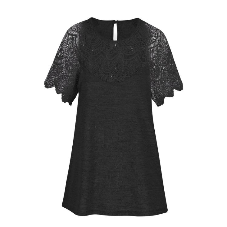 Women Casual Short Sleeve T Shirt Top Solid Color Lace Round Neck Stitching Fashion Tee