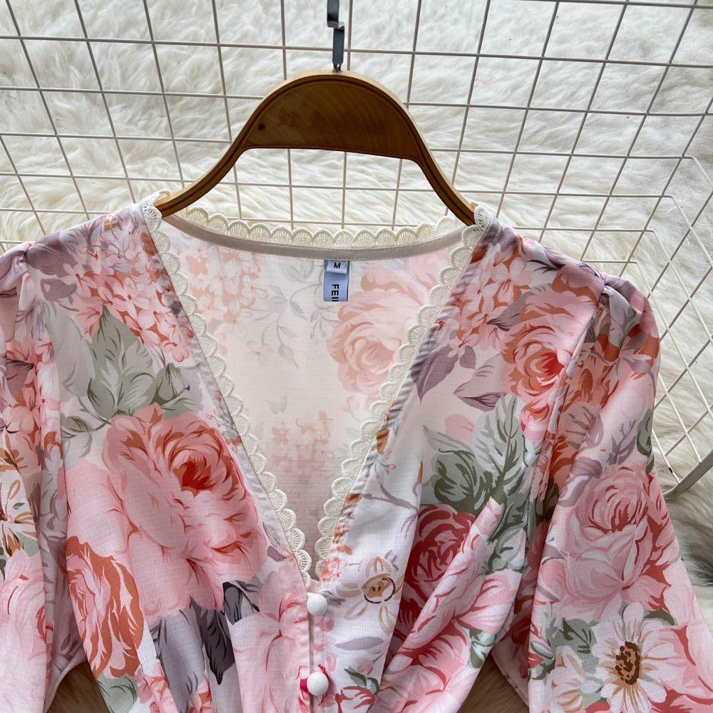 Spring Bohemian Floral Maxi Dresses for Women Runway Cross V-Neck Long Lantern Sleeve Sashes Beach Holiday Dress Boho Robes