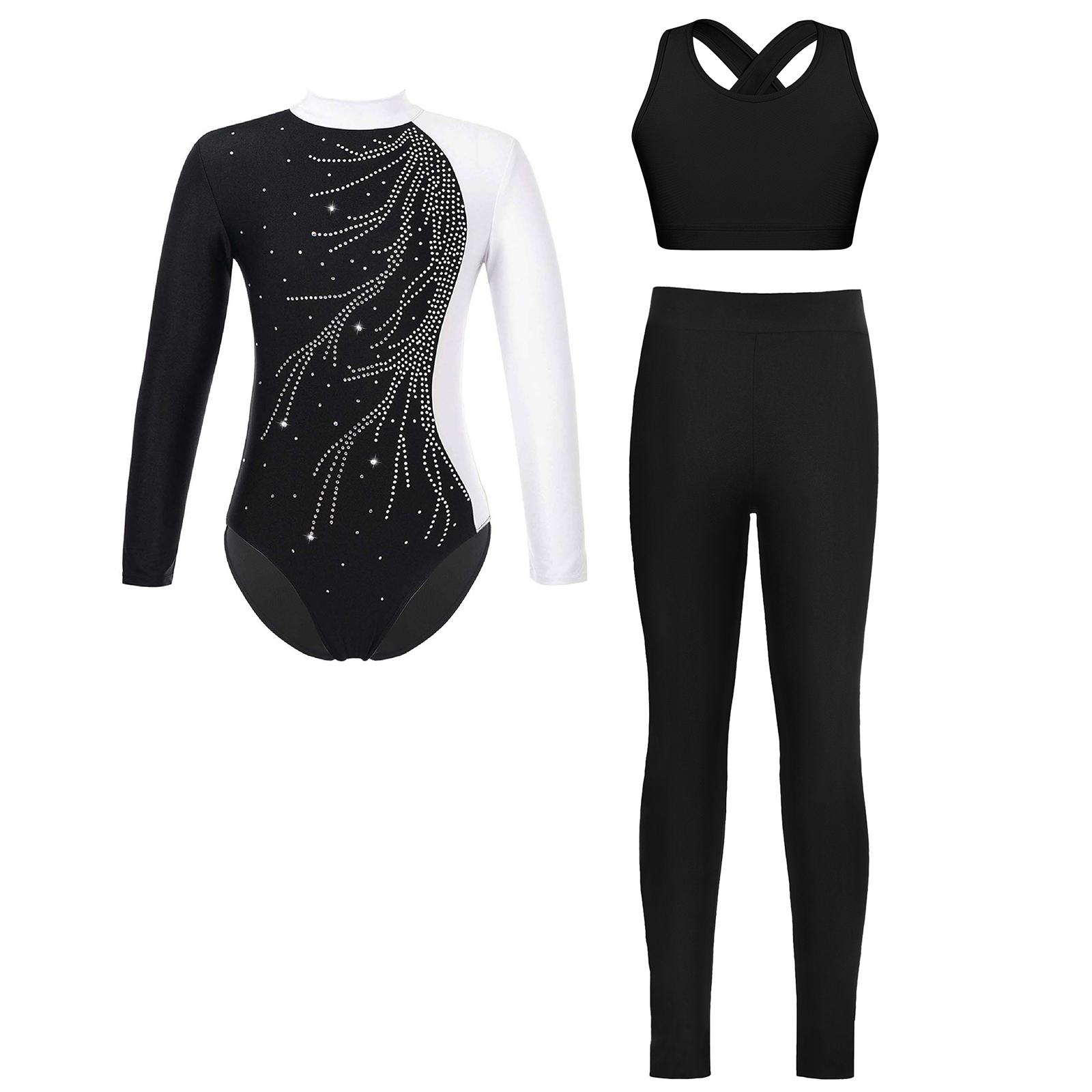 

Комплект костюма для фигурного катания для детей 3 предмета Леотар с воротником-стойкой Жилет с перекрещенной спиной Леггинсы Стразы 5-6 Years