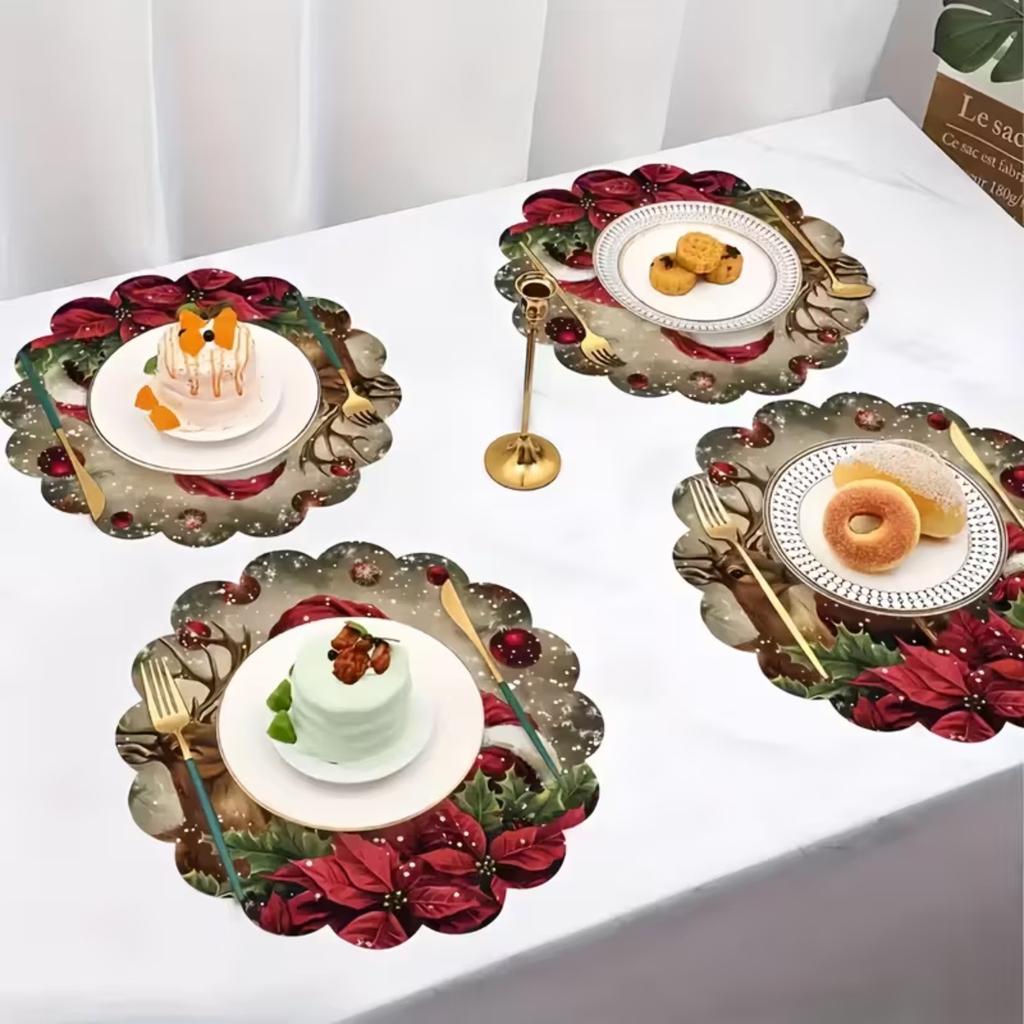 4PCS Christmas Placemats Durable Heat Resistant Non Slip New Year Holiday Wedding Party Table Decoration Circular Waves Design