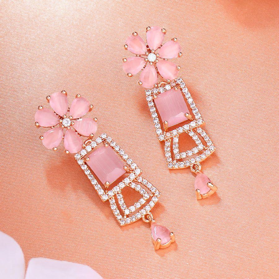 Estele Women's Shimmering Cubic Zirconia Mint Pink Stone Rose Gold Earrings