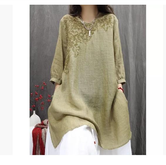 Camicia Ricamata Retro Primavera/Estate Larga Letteraria Casual di Media Lunghezza Top da Donna